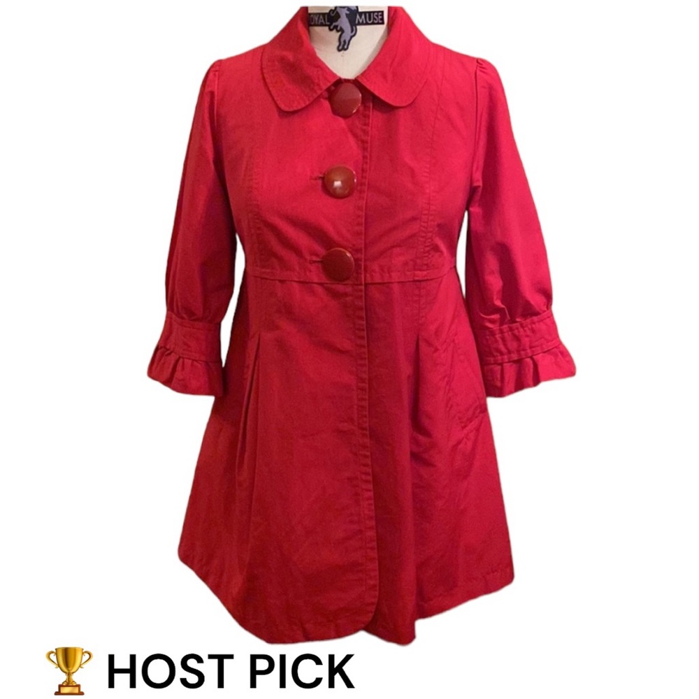 3 Button Red Nylon Rain Coat ❤️ 3/4 Length Sleeve Hip Length 🎉HOST PICK 🎉